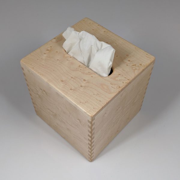 Limited – Solid Birdseye Maple – Handmade Tissue / Kleenex Box Cover Holder – Small Cube Style – Box Jointed Sides
